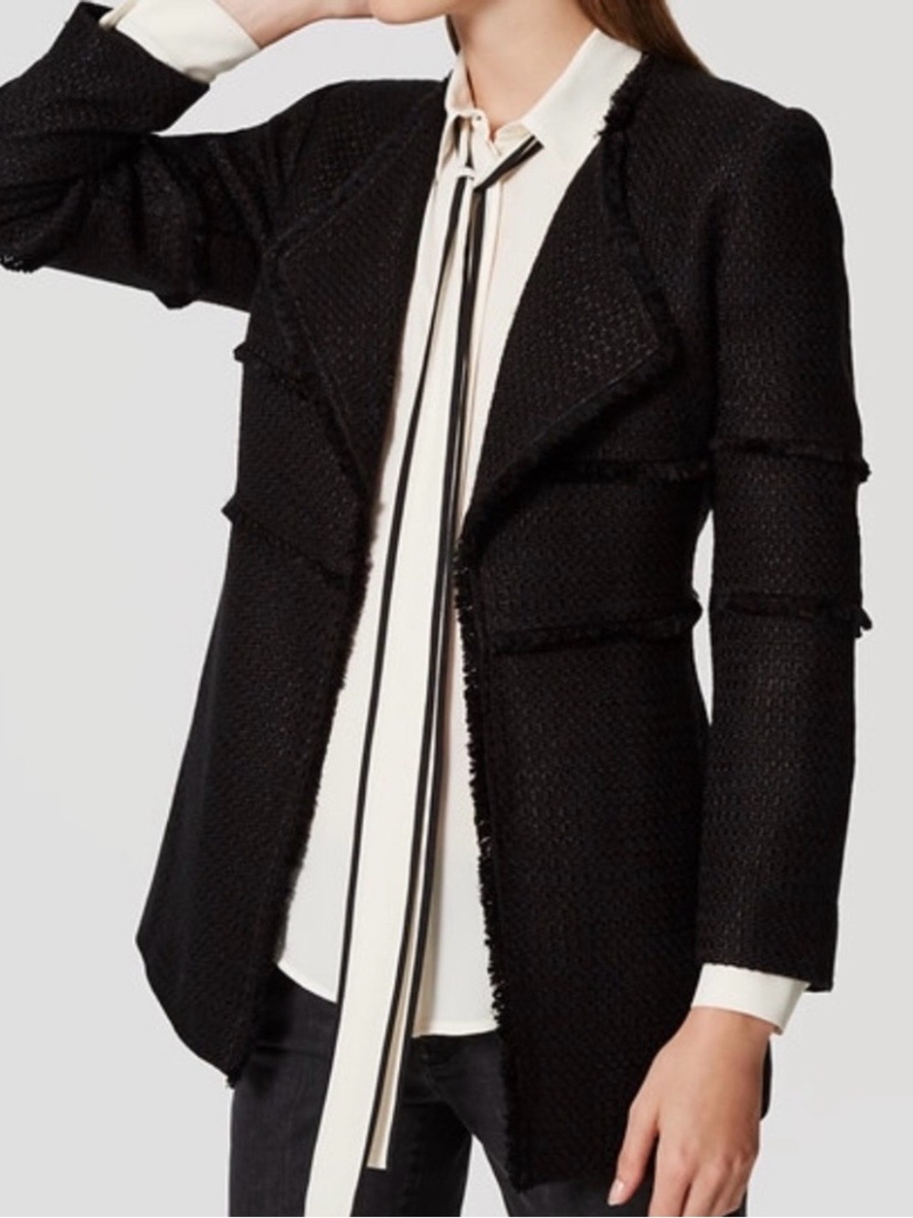 LOFT Black Tweed Fringed Raw-Hem Open Front Jacket Coat Size XS